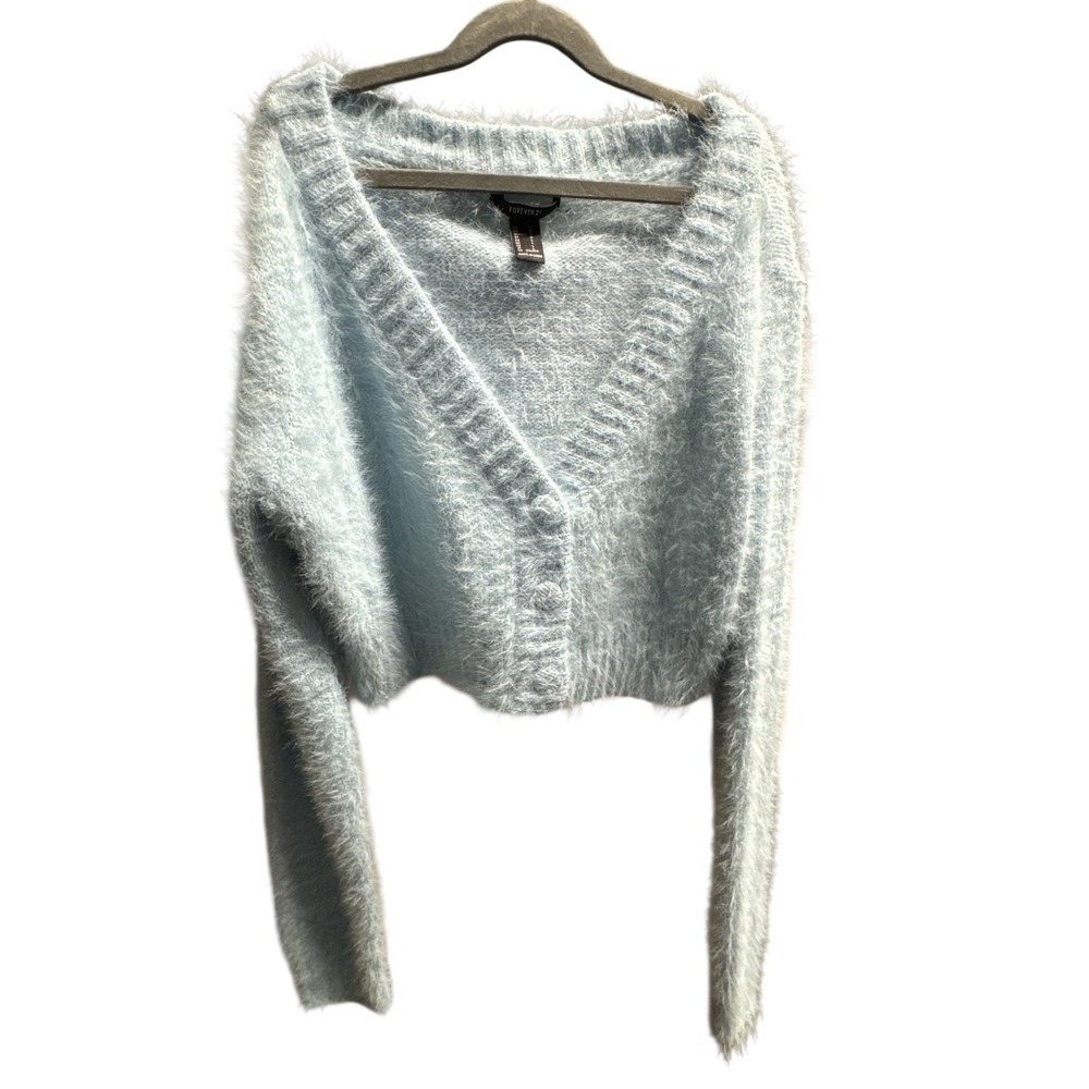 Forever 21 Light Blue Fuzzy Cropped Long Sleeve Button Front Cardigan Sweater S